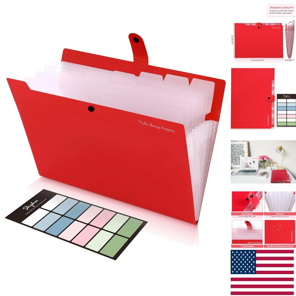 Portable 8-Pocket Expanding Document Organizer with Labels – Modern Red Design