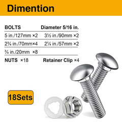 Stainless Steel Carriage Bolts Kit for Wheelbarrow Handles 18pc 5/16-18