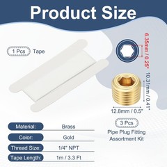 1/4″ NPT Male Internal Hex Pipe Fitting, 3 Pcs Brass Pipe Plug Fitting Assort…