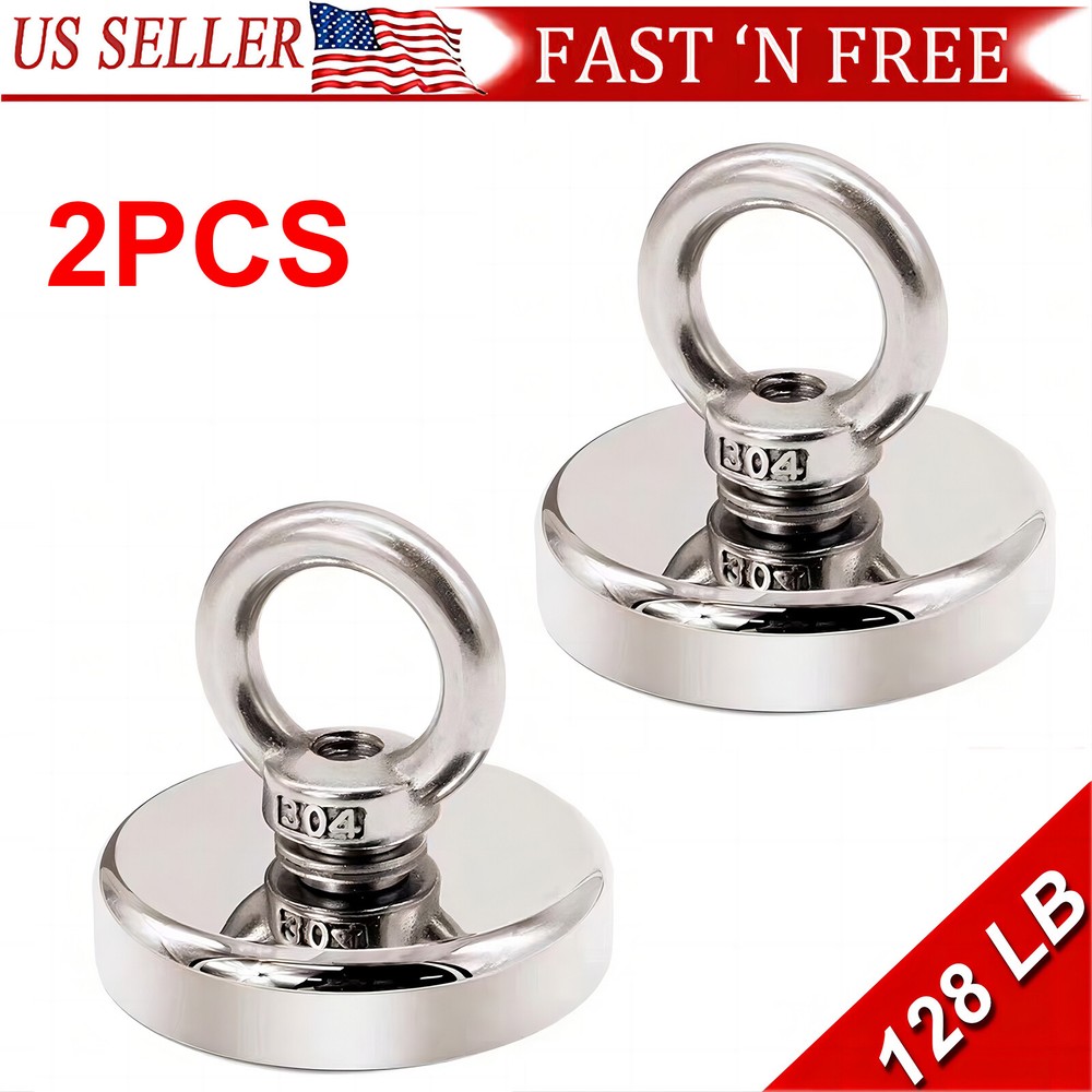 Neodymium Fishing Magnets 2 Pack, 128LBS Pulling Force Strong Round Rare Earth