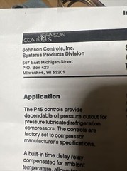 Johnson Controls P45NCA-12 Lube Oil Protector. New In Box.