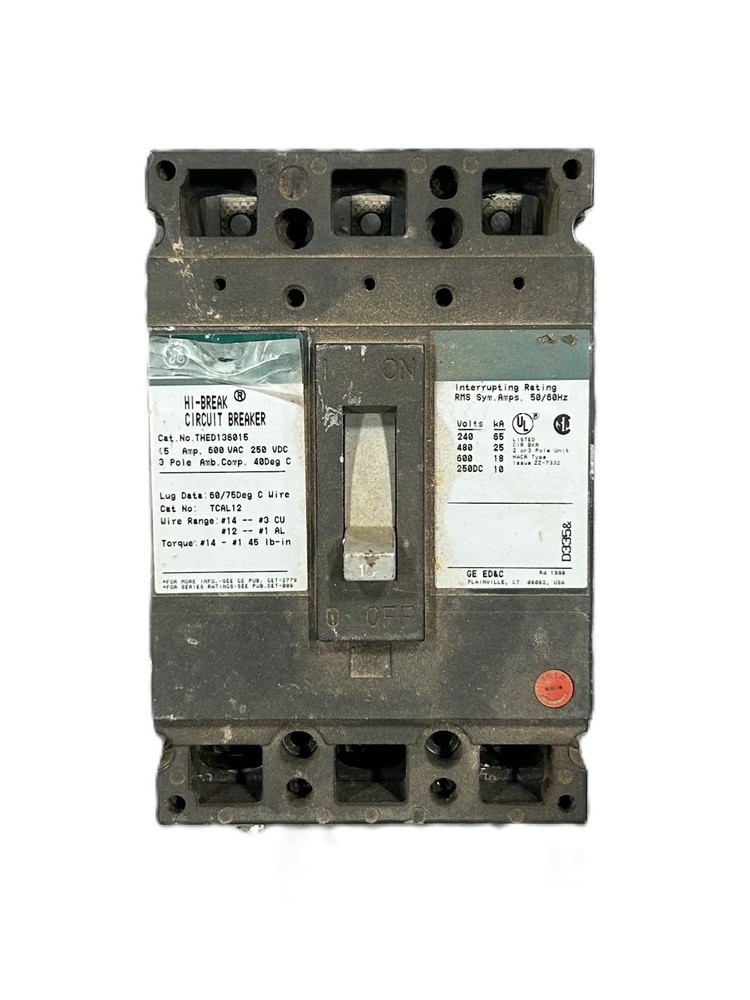 GE THED136015 Hi-Break Circuit Breaker 15A 3-Pole 600VAC