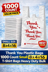 1000 Count Thank You Bags Small 8x4x16 T-Shirt Plastic Bags Bulk Heavy Duty