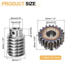 Worm Gear Set 1.5 Module 20:1 Reduction Rate Gear-12mm ID 33mm OD Rod 10mm Bore