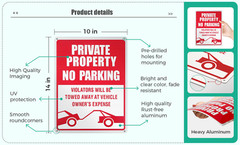 3-Pack No Parking Signs – 14 x 10 Inches Reflective Private Property Signs