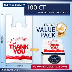100 Pcs White Thank You Bags T Shirt Bags To Go Grocery Reusable Disposable FAST
