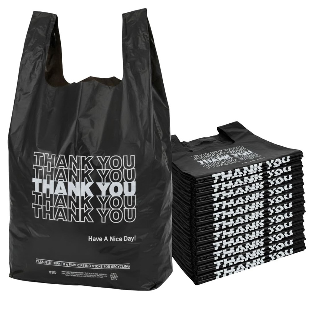 Easy Open – 800 Bags – Black Printed HDPE T-Shirt Bags – 1/6 BBL 11.5″X6″X21″…