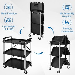 Folding Collapsible Utility Service Cart 3 Shelf 150LB w/ Swivel Lockable Wheels