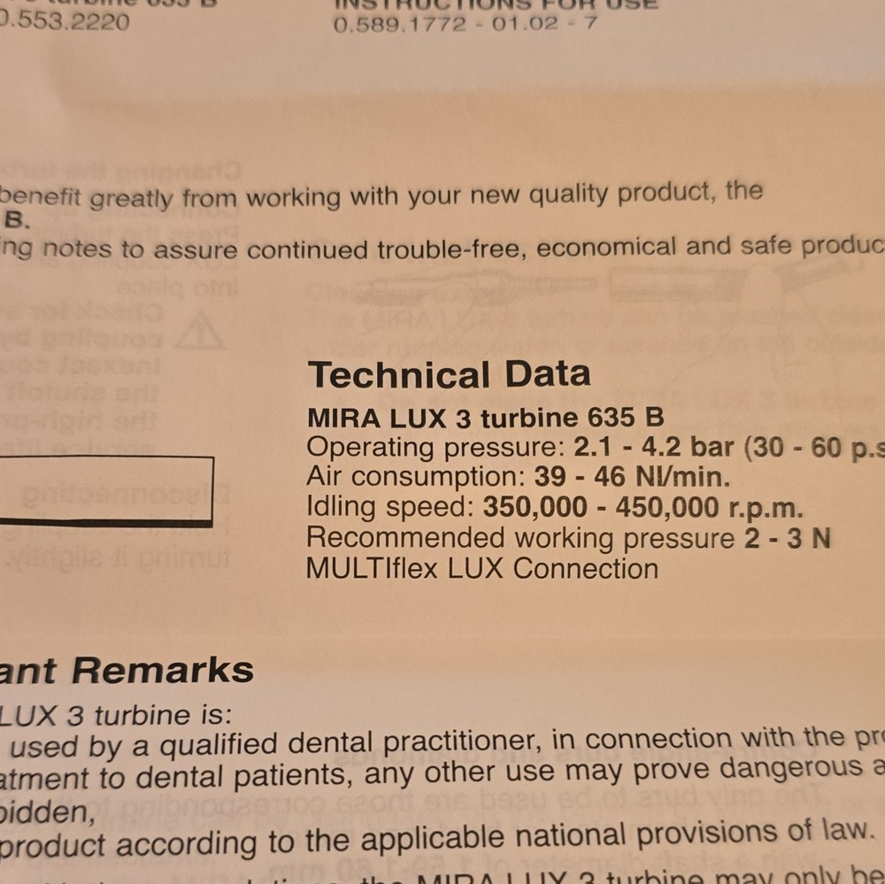 KaVo MIRA LUX 3 Turbine 635 B High Speed Straight Autochuck MULTIflex LUX