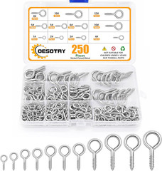 250Pcs Eye Screw Assortment Kit 9 Sizes Heavy Duty Steel Screw-in Hooks Ring Set