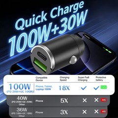 100W Super Fast Car Charger USB C PD QC 2-in1 Cigarette Lighter Temp Control