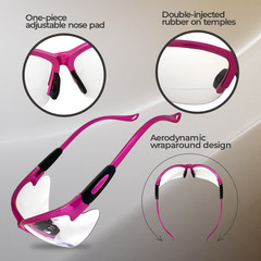 Cougar Pink Womens Bifocal Safety Glasses 2.5 Clear Shatterproof Lenses