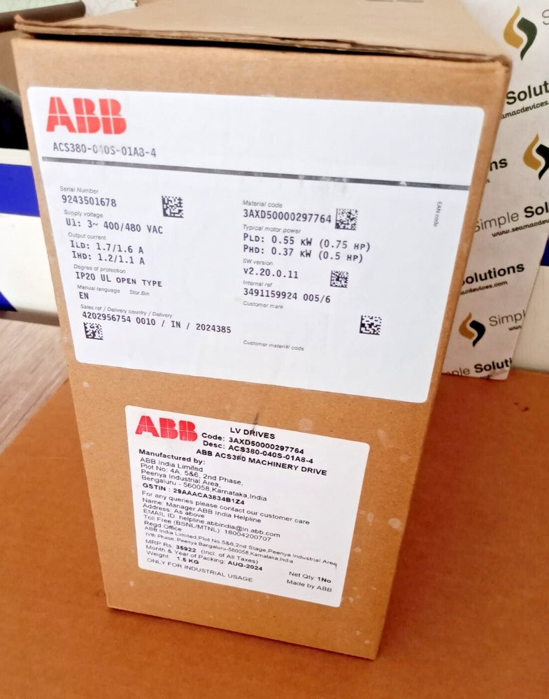 1PC- ABB ACS380-040S-01A8-4 LV AC machinery drive module 0.75Hp, 1.6A,480V- NEW