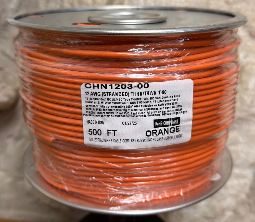 500 FT THHN/THWN WIRE. 12AWG STR BC 600 VOLT. MADE IN USA. ONLY ORANGE