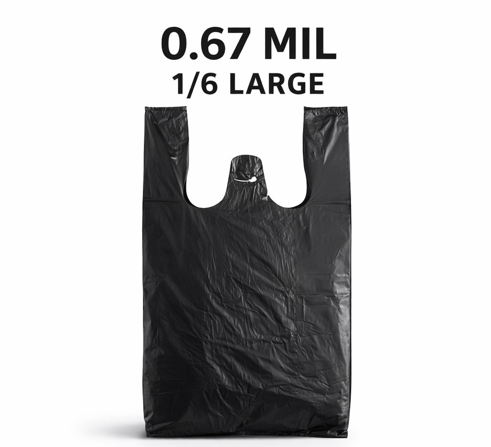 0.67 Mil Medium Duty Black T-Shirt Bags 1/6 Large 21×6.5×11.5 1000 or 2000