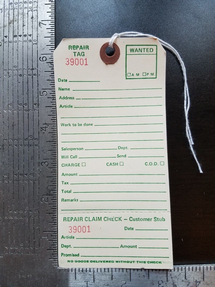 Repair Tags 100 count 6-1/4″ x 3-1/8″ Reinforced Consecutively Numbered Manila