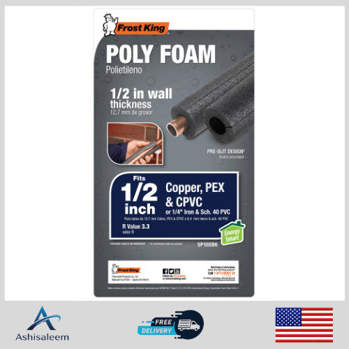 Foam Pipe Insulation 6 ft 1/2″ Frost King Tube Wrap Hot Cold Water Pipe