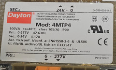 DAYTON ISOLATING TRANSFORMER Rated Power: 100VA Pri.: 277V Sec.: 24 V 4MTP4