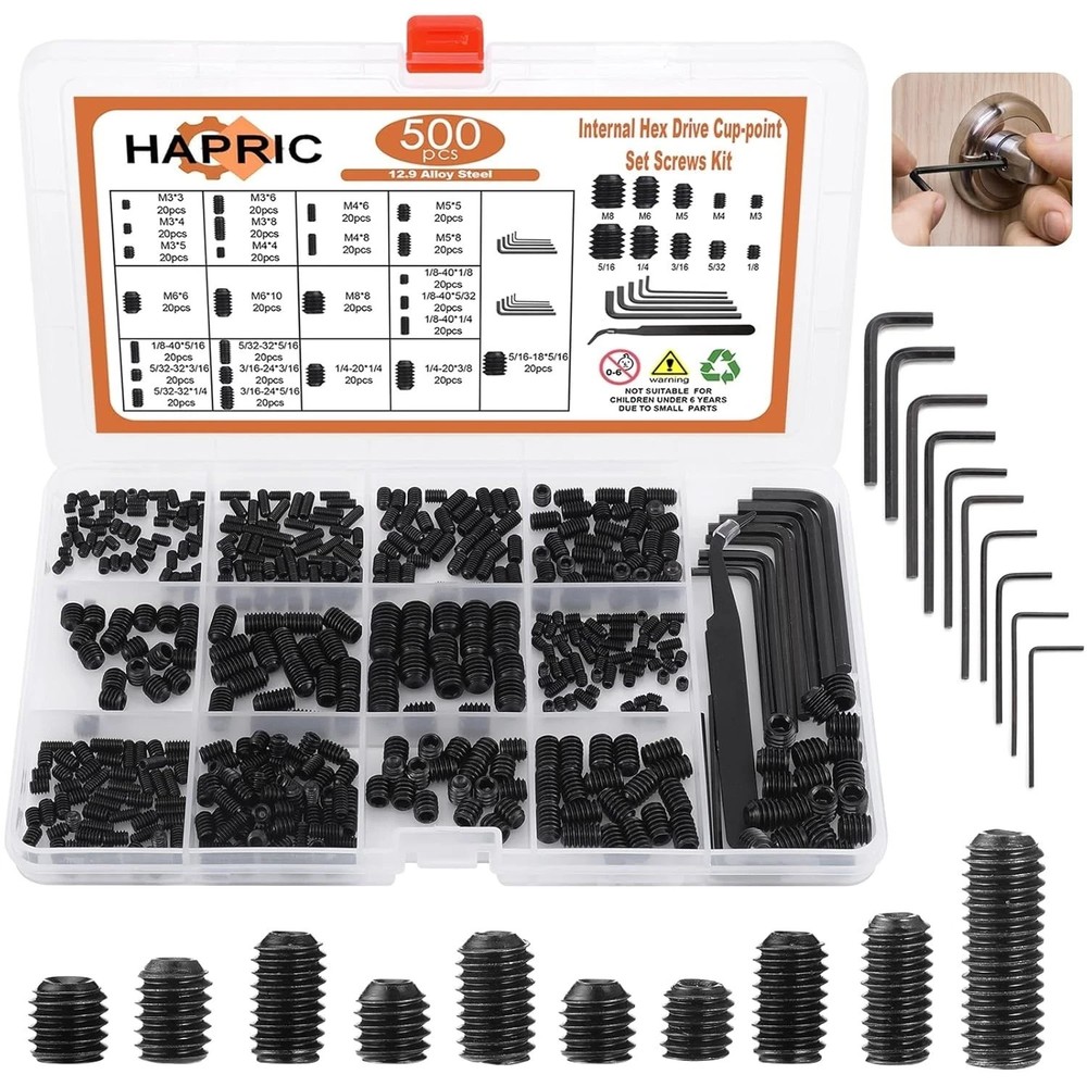 500 Pcs 25 Size Set Screws Metric&SAE Set Screw Assortment Kit 12.9 Alloy Ste…
