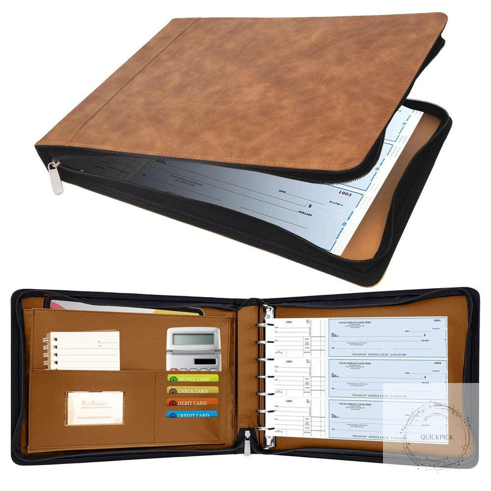 Zippered 7 Ring Business Checkbook Binder Portfolio for 3-on-a-Page Business