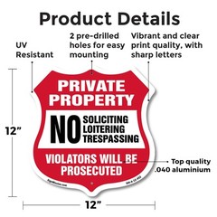 Private Property Shield Sign No Soliciting Loitering Trespas Shield Shaped Sign