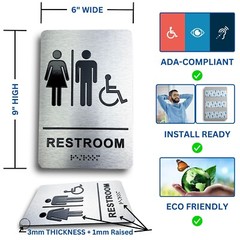 Unisex Restroom Sign with Braille, Aluminum 9 x 6″ ADA Restroom Sign