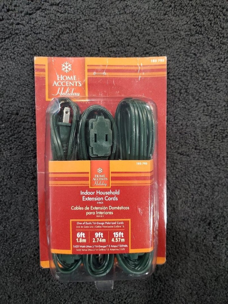 Indoor Extension Cords 6ft, 9ft, 15ft 16 ga. Green 13 amp 125V 3 Cords Total