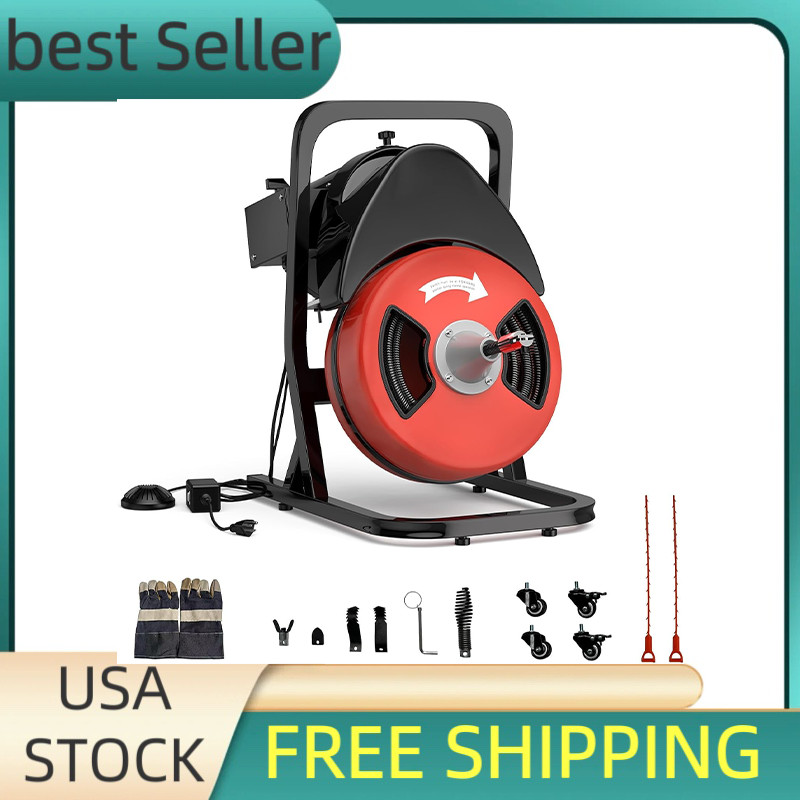 50FTx1/2″ Heavy Duty Drain Cleaner Machine,Auto Feed Sewer Snake Auger W/Cutter