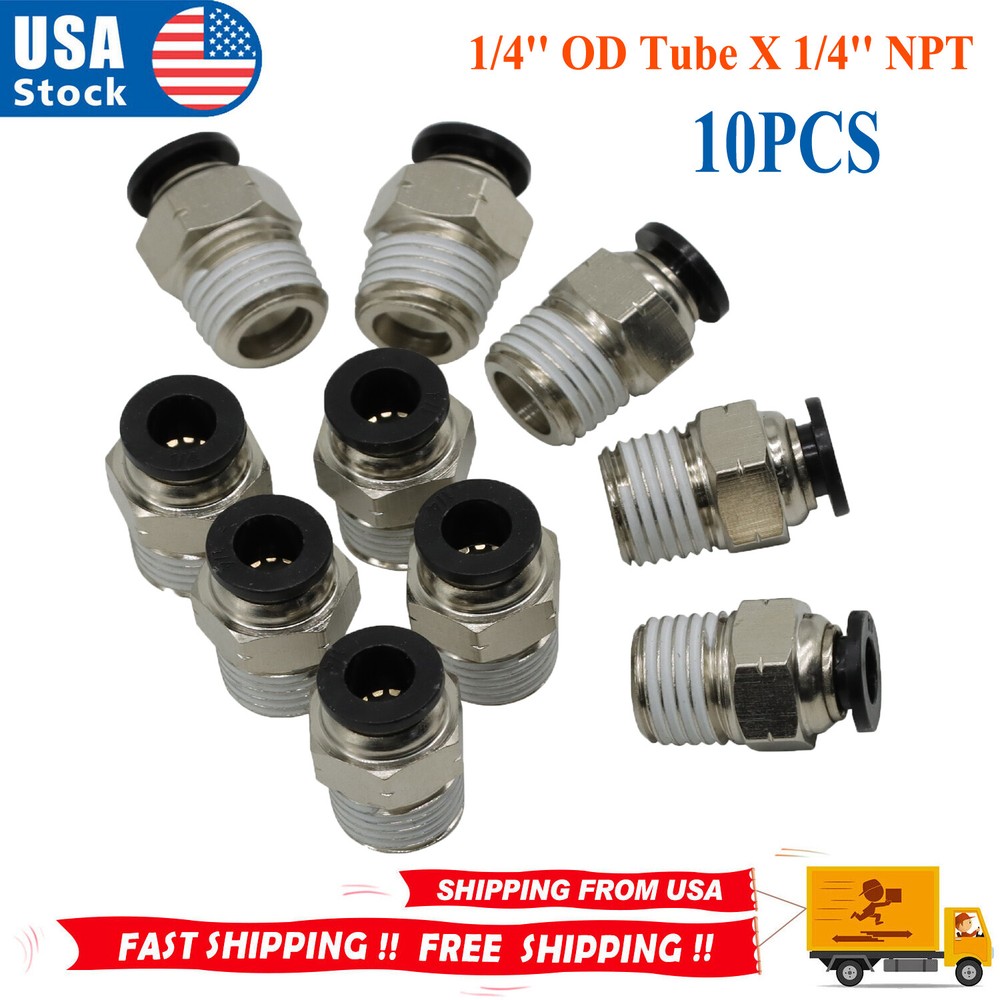 1/4″ OD Tube X 1/4″ NPT Pneumatic Fitting, Push to Connect Air Fitting (Qty 10)