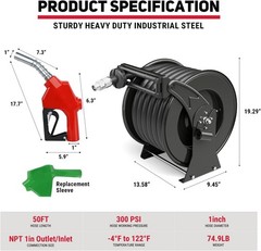 Fuel Hose Reel Retractable Diesel Hose Reel 1″ x 50′ Auto Fueling Nozzle, Black