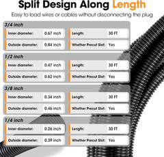 Wire Loom 1/4″, 3/8″, 1/2″, 3/4 Inch X 30 FT, Split Wire Loom Tubing Wire Condui