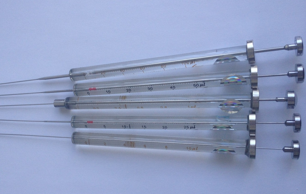 Set of 5 New Sorted Gas Chromatography Microliter Syringes 1, 10, 25, 50, 100 uL