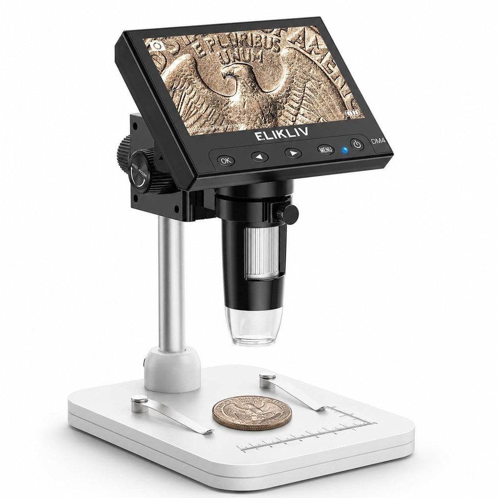 Digital Coin Microscope 1000x Magnification, 8 LED Lights, PC Compatible, 4.3″ D