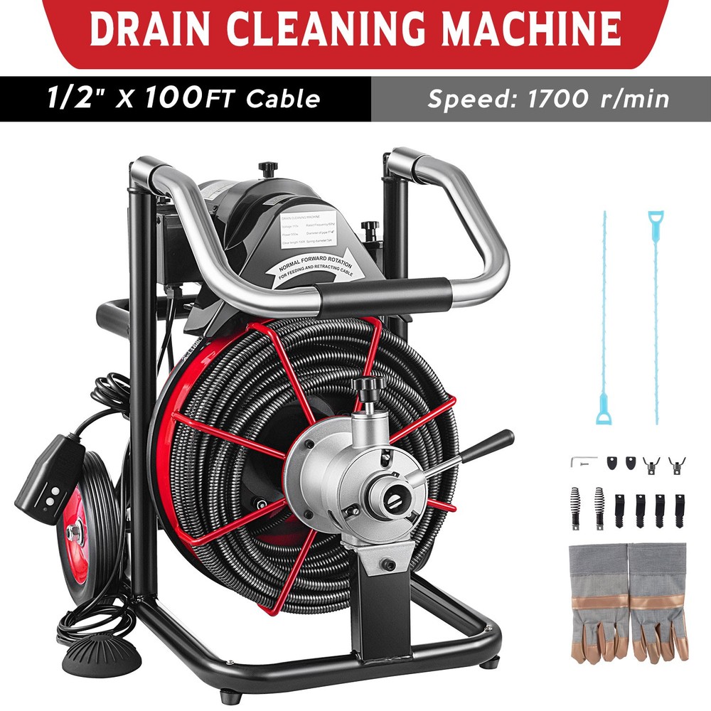 100ft x 1/2″ Commercial Drain Cleaner Sewer Snake Drain Auger Cleaning Machine