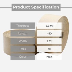 10 Rolls, Wolverine Economy Water Activated Gum Tape 70mm x 450′, Kraft, 6.3 Mil