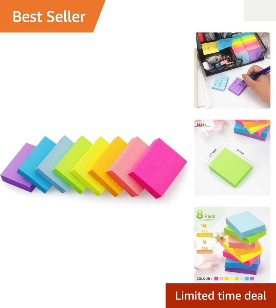Brightly Colored Sticky Notes – 1.5×2 Inch – 8 Pads, Strongly Adhesive 800 Count
