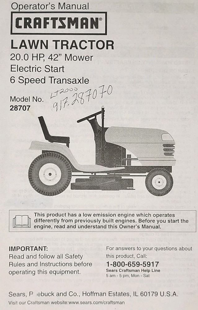 Sears Craftsman LT2000 20.0 h.p 42″ 6-spd Lawn Tractor 917.287071 Owners Manual
