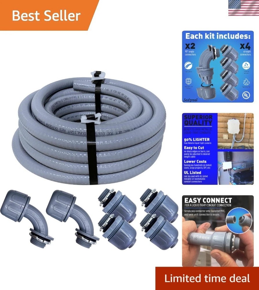 1/2″ Diameter PVC Flexible Conduit Kit – 25FT with Straight & 90° Connectors