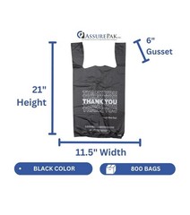 AssurePak Easy-Open Case of 800 Black HDPE Plastic ‘Thank You’ Bags – NEW