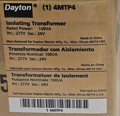 DAYTON ISOLATING TRANSFORMER Rated Power: 100VA Pri.: 277V Sec.: 24 V 4MTP4