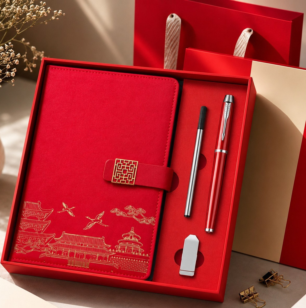 Red Eco-Leather Notebook Gift Set w/ Pen & Elegant Design