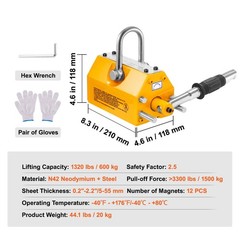 Magnetic Lifter, 1320 lbs/ 600kg Pulling Capacity, 2.5 Safety Factor, Steel and