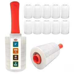 Durable 12 Pack Mini Stretch Wrap 5″ x 1000ft with Handles – Clear Film