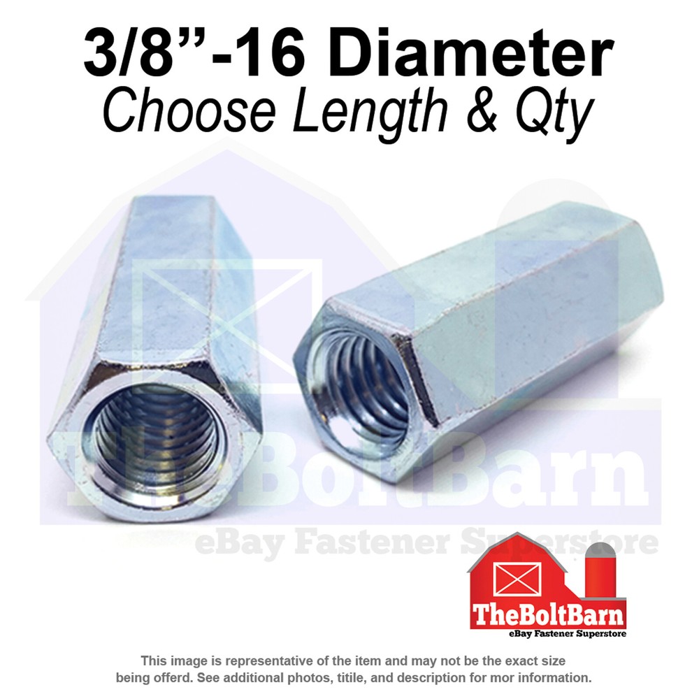 3/8″-16 x 1-3/4″ Steel Coupling Nuts Zinc Clear Coarse Thread (Pick Quantity)
