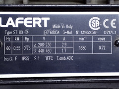 Lafert ST80C4 Motor 0.75 HP 1680 RPM 208-230/440-460 V