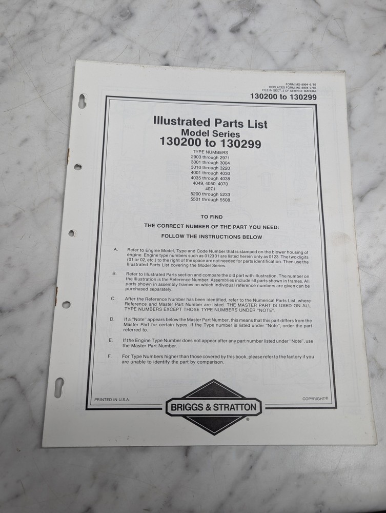 BRIGGS STRATTON 130200 TO 130299 ILLUSTRATED PARTS LIST MANUAL CATALOG BOOK 1989