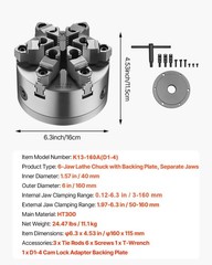 6-Jaw Lathe Chuck, 6 Inch (160 mm), Self-Centering Chuck with D1-4 Cam Lock Back