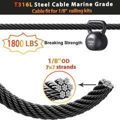 220Ft Black Wire Rope 1/8″ T316L Marine Grade Stainless Steel Cable 7 × 7 Strand