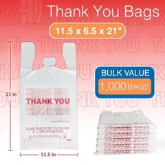 New Large 21 x 6.5 x 11.5 Thank You T-Shirt Plastic whiteBags 1000 FREESHIPPING