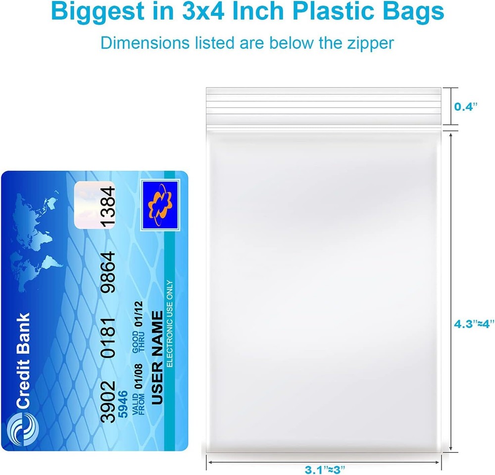3”x 4″, 100 pcs 2 mil Clear Plastic Reclosable Zip Zipper Lock Jewelry Bags